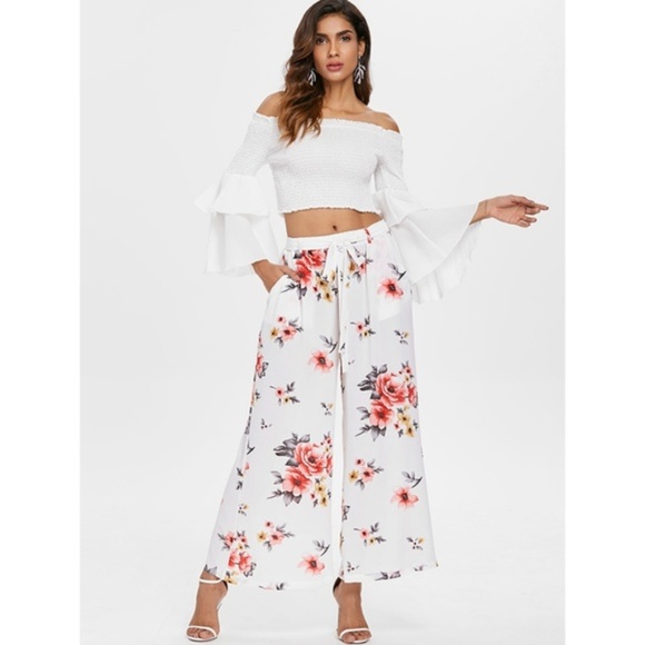 Pants - ⭐ High Rise Floral Wide Leg Pants - White ⭐